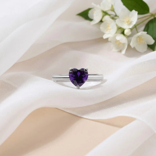 Silver Heart Shape Purple Stone Ring