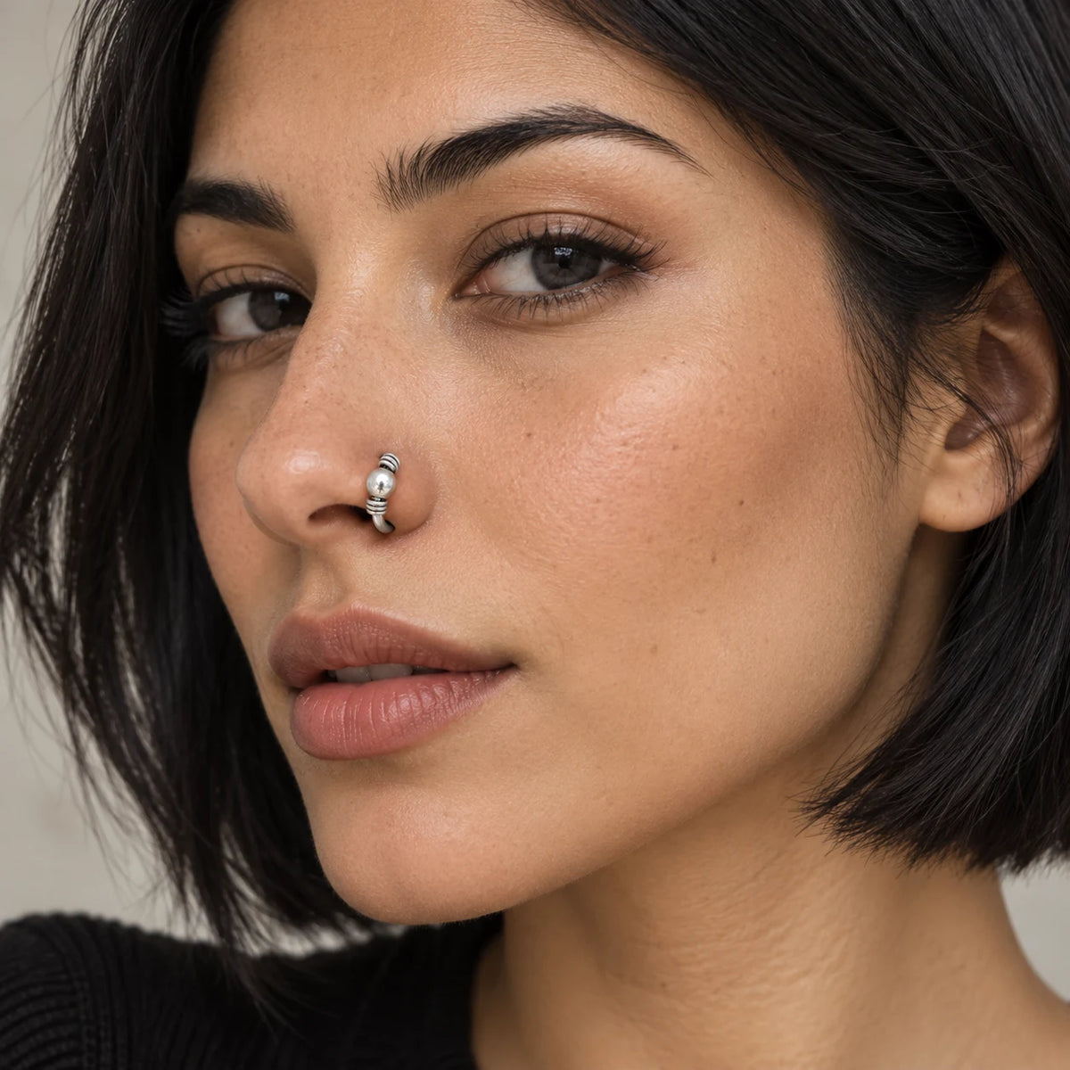 Silver Hoop Nose Ring with Beaded Centre & Coil Detailing