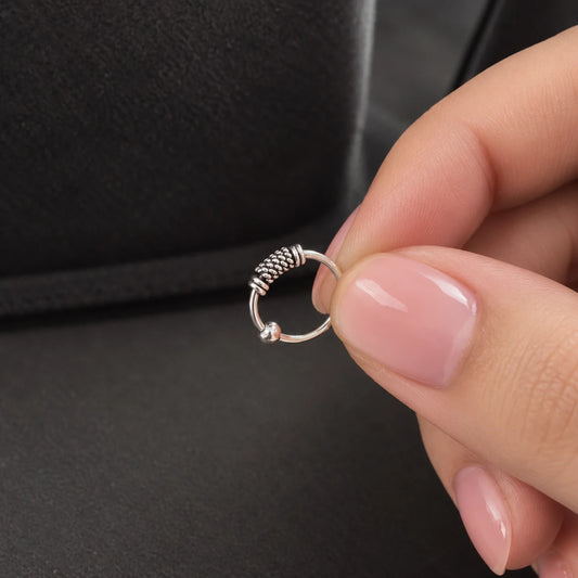 Silver Hoop Nose Ring with Textured Beaded Detailing