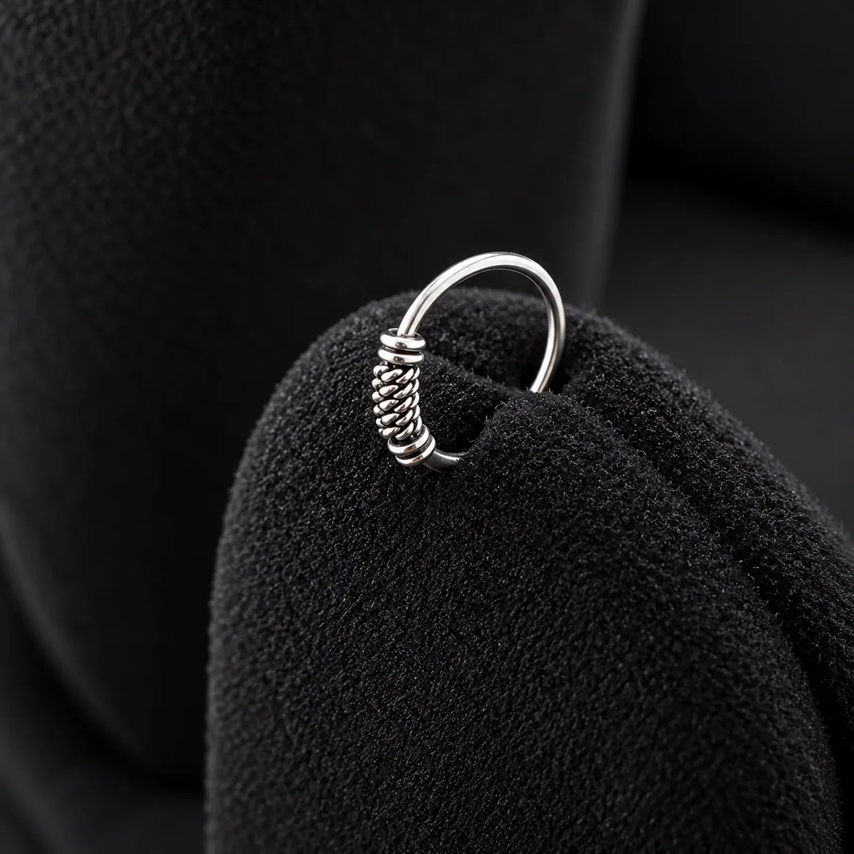Silver Hoop Nose Ring with Textured Beaded Detailing