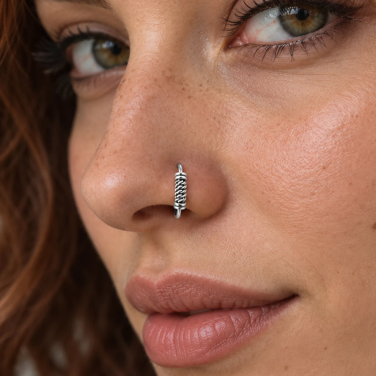 Silver Hoop Nose Ring with Textured Beaded Detailing