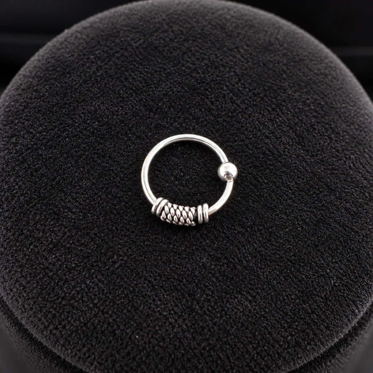 Silver Hoop Nose Ring with Textured Beaded Detailing