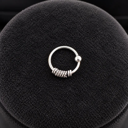 Silver Hoop Nose Ring with Textured Beaded Detailing
