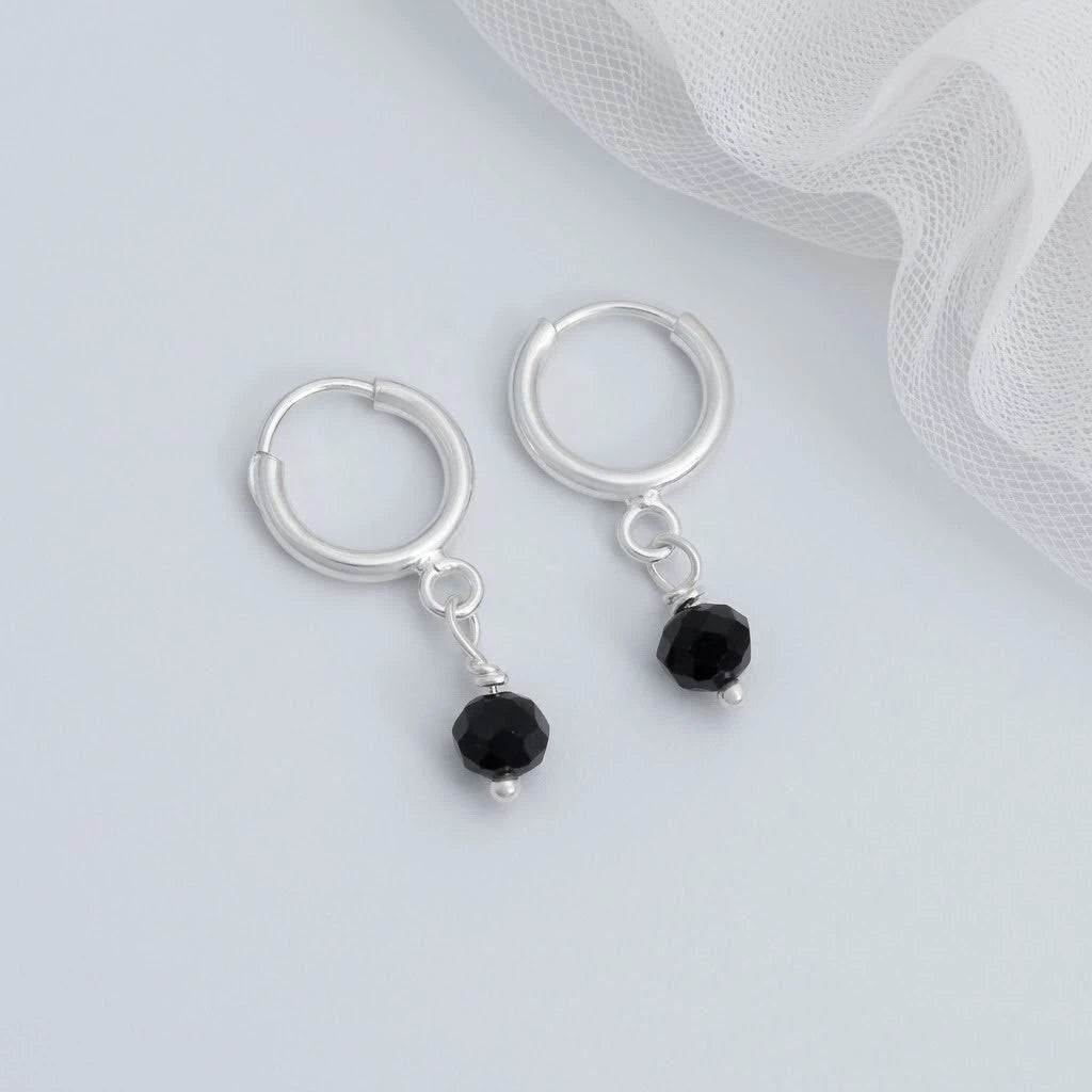 Silver Hoop TickTock Earrings with Black Bead Charm