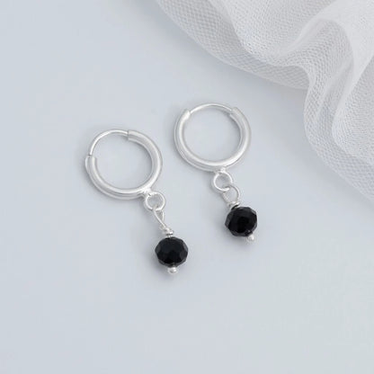 Silver Hoop TickTock Earrings with Black Bead Charm