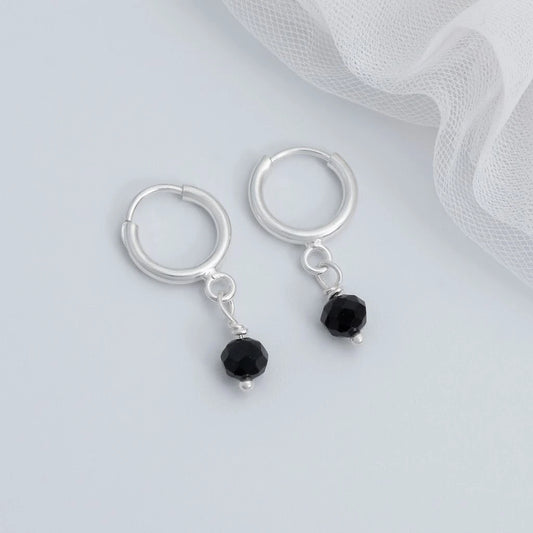 Silver Hoop TickTock Earrings with Black Bead Charm