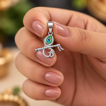 Silver Krishna Flute Om Pendant with Peacock Feather