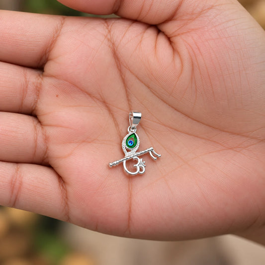 Silver Krishna Flute Om Pendant with Peacock Feather