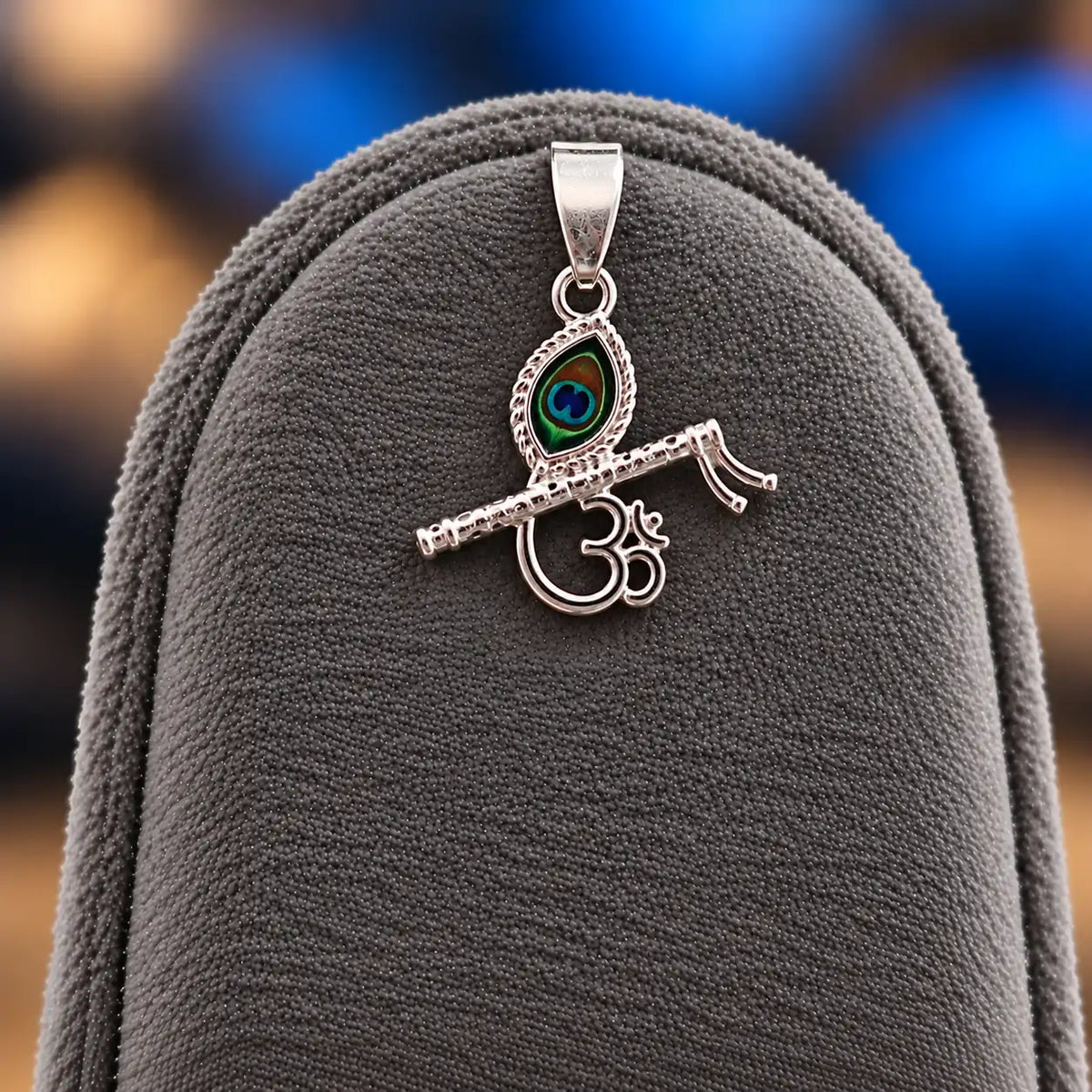Silver Krishna Flute Om Pendant with Peacock Feather