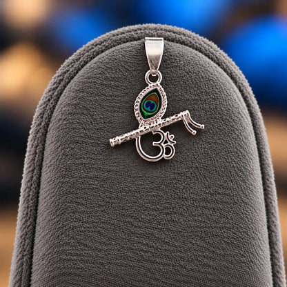 Silver Krishna Flute Om Pendant with Peacock Feather