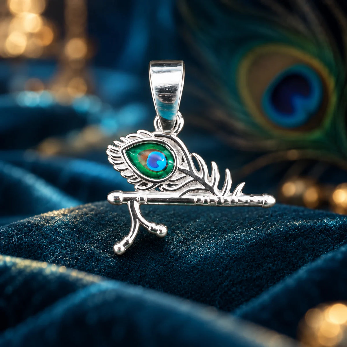 Silver Krishna flute peacock feather pendant with blue and green enamel detailing on a dark teal velvet background