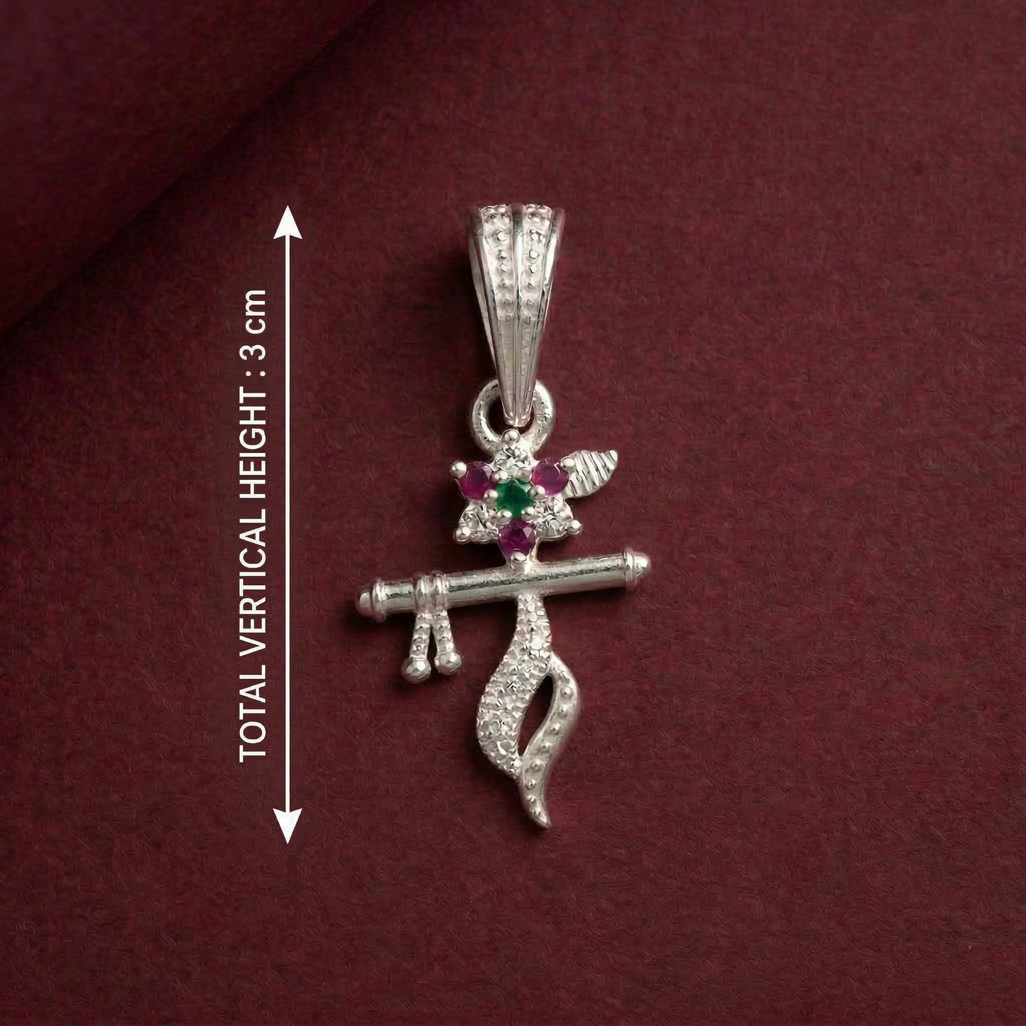 Silver Krishna Flute Pendant Flower with Multicolor Stone for Women