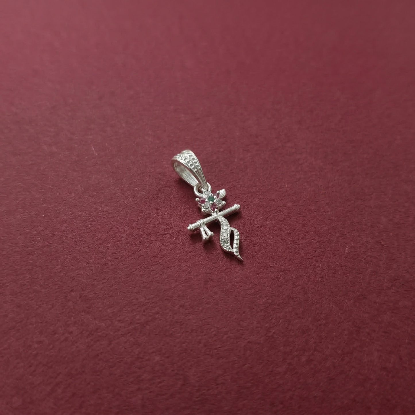 Silver Krishna Flute Pendant Flower with Multicolor Stone for Women