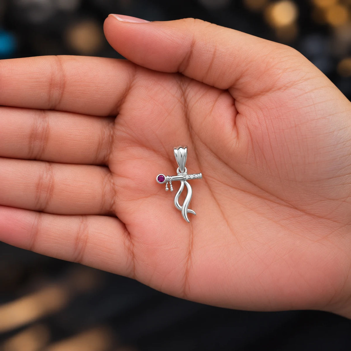 Silver Krishna Flute Pendant with Red Stone