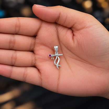 Silver Krishna Flute Pendant with Red Stone