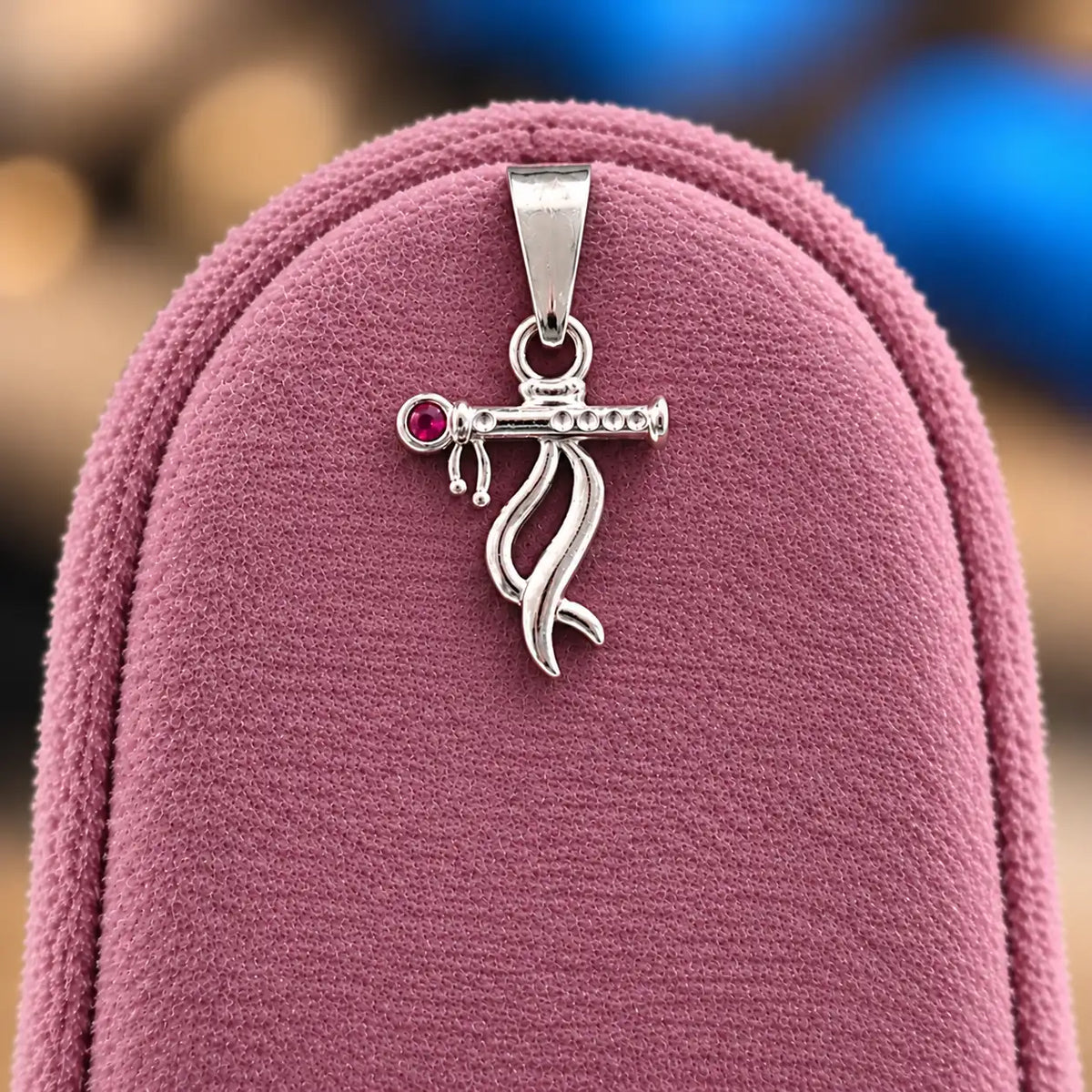 Silver Krishna Flute Pendant with Red Stone