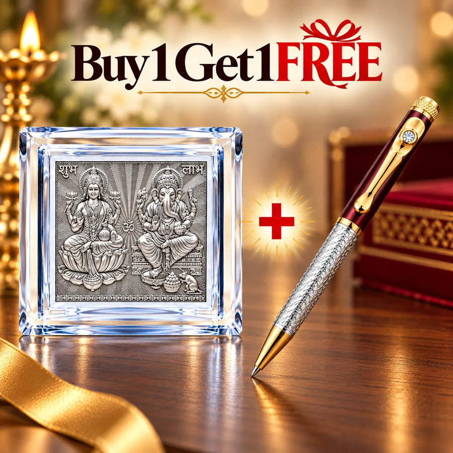 Silver Lakshmi Ganesh Frame & White Gem Stone Pen Combo