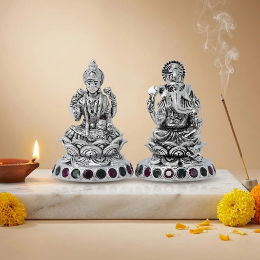 Silver Lakshmi Ganesha Murti with Purple Green Gemstone