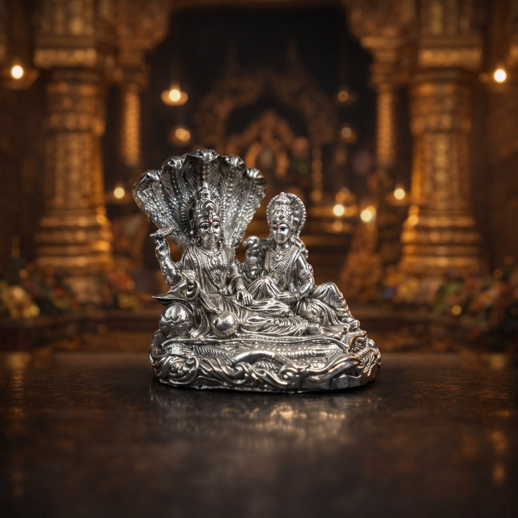 Silver Lakshmi Vishnu Idol with Sheshnag