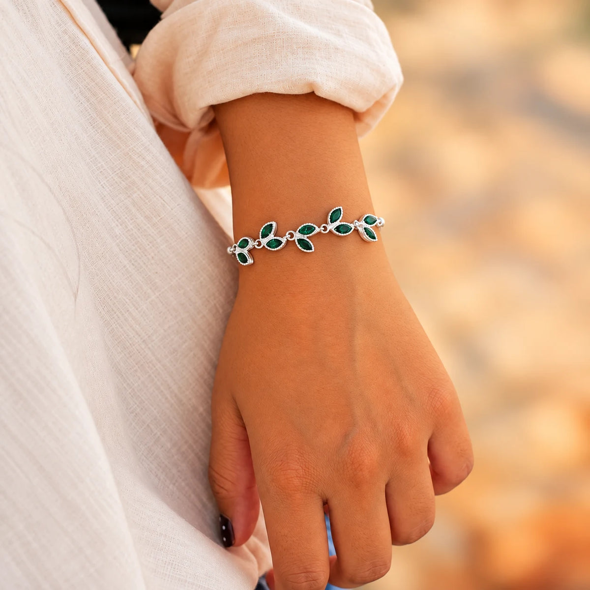 Silver Leaf Design Stone Bracelet for Women