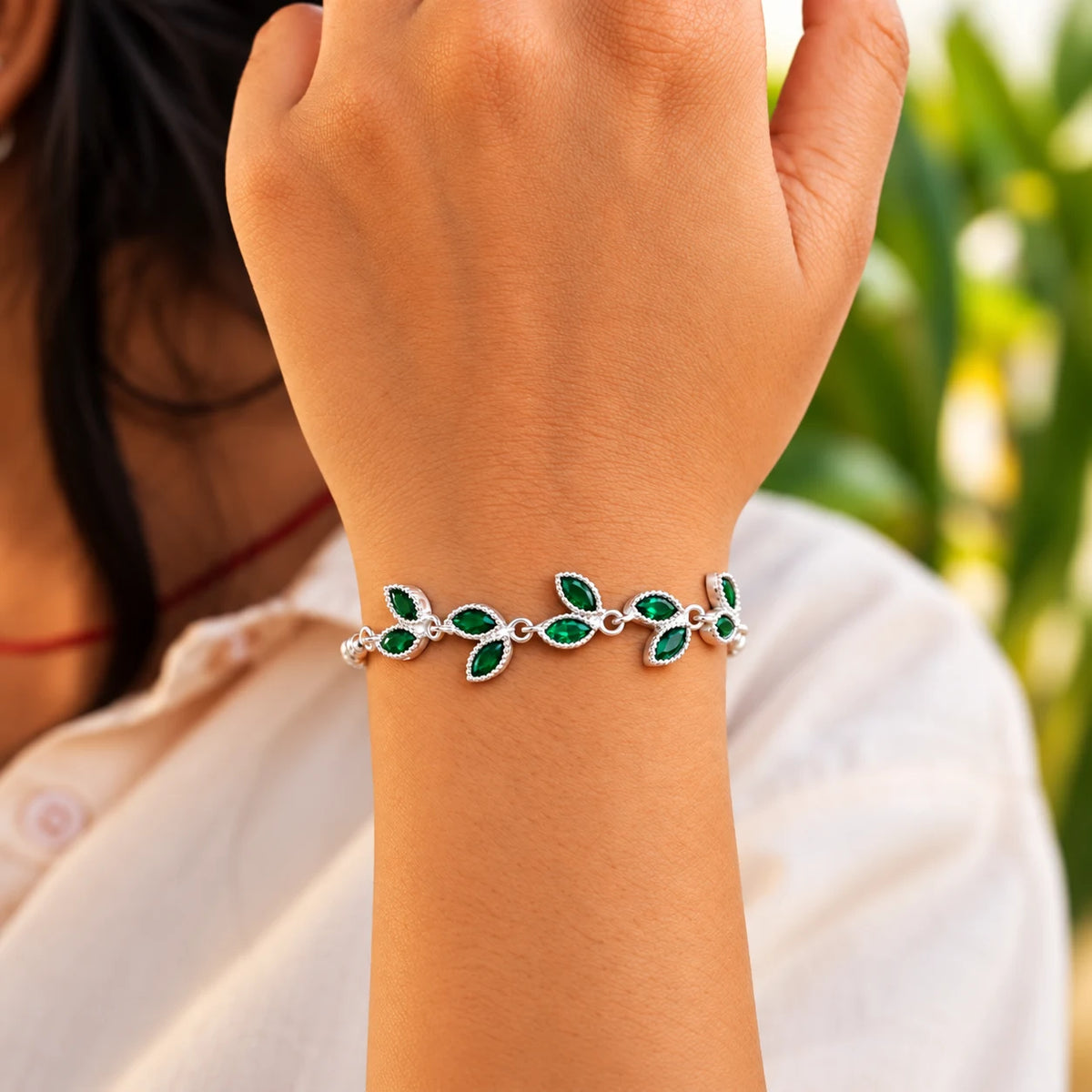 Silver Leaf Design Stone Bracelet for Women