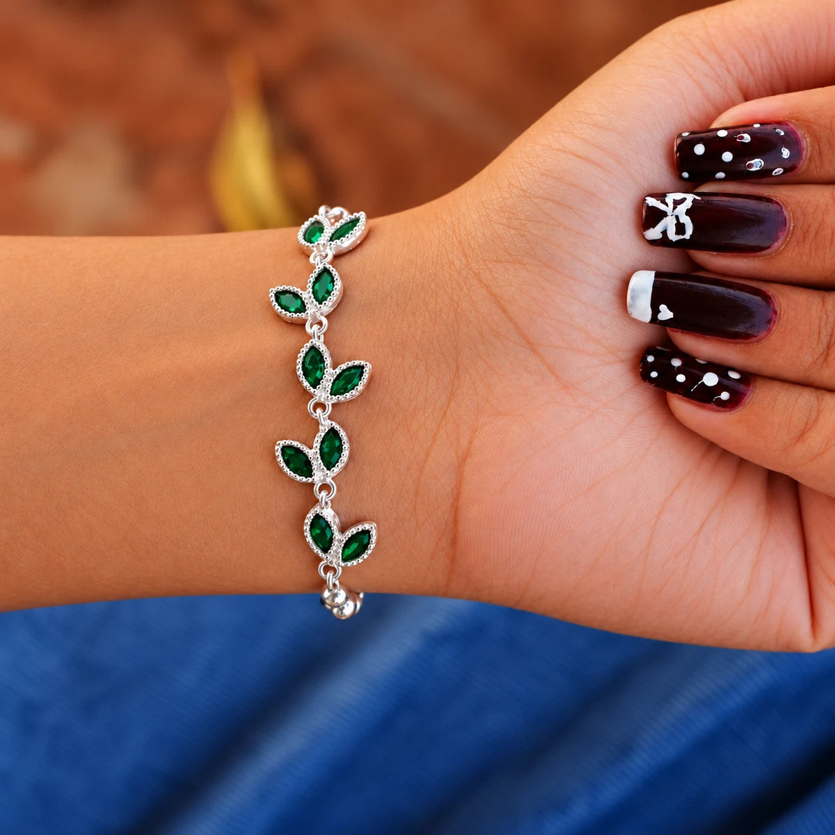 Silver Leaf Design Stone Bracelet for Women