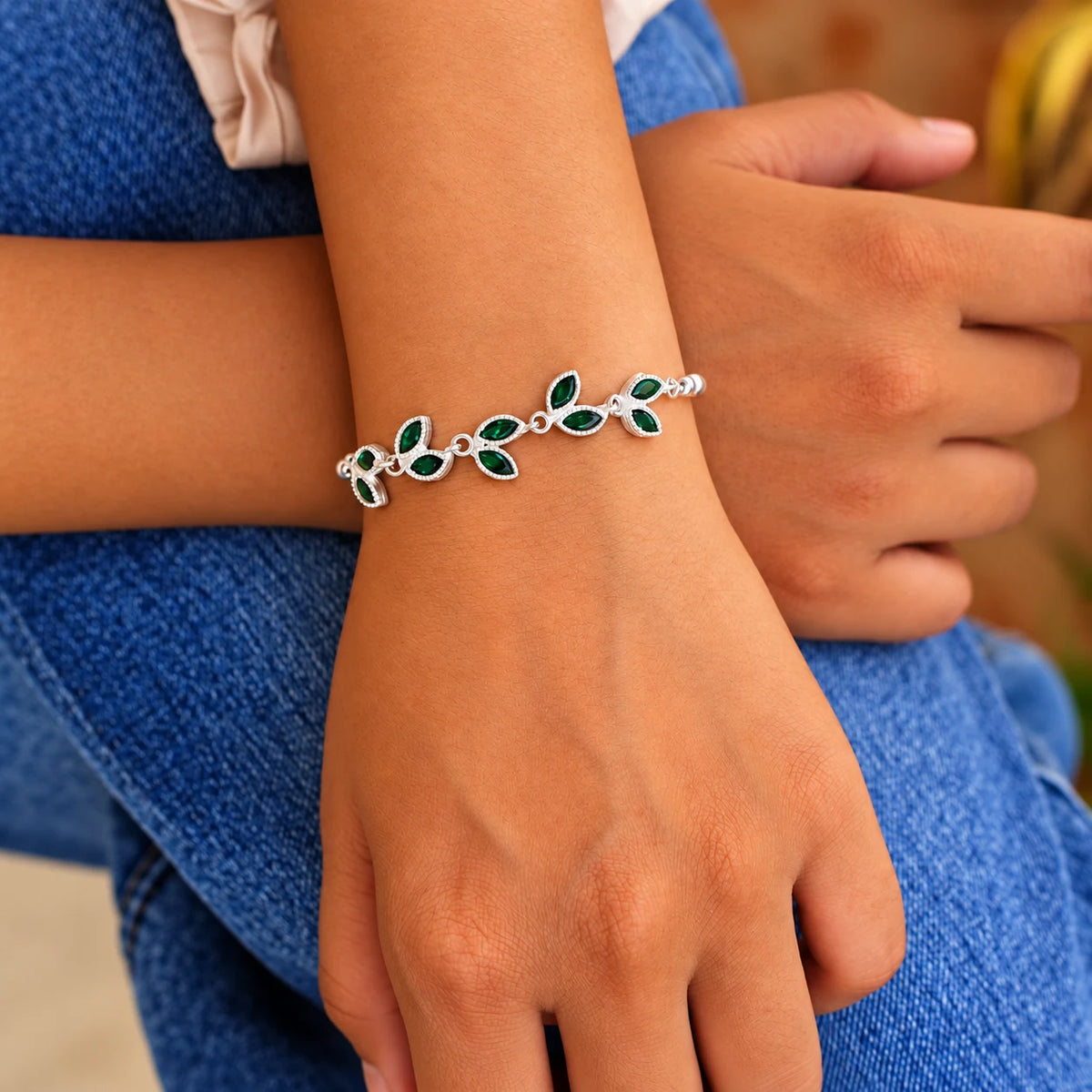 Silver Leaf Design Stone Bracelet for Women