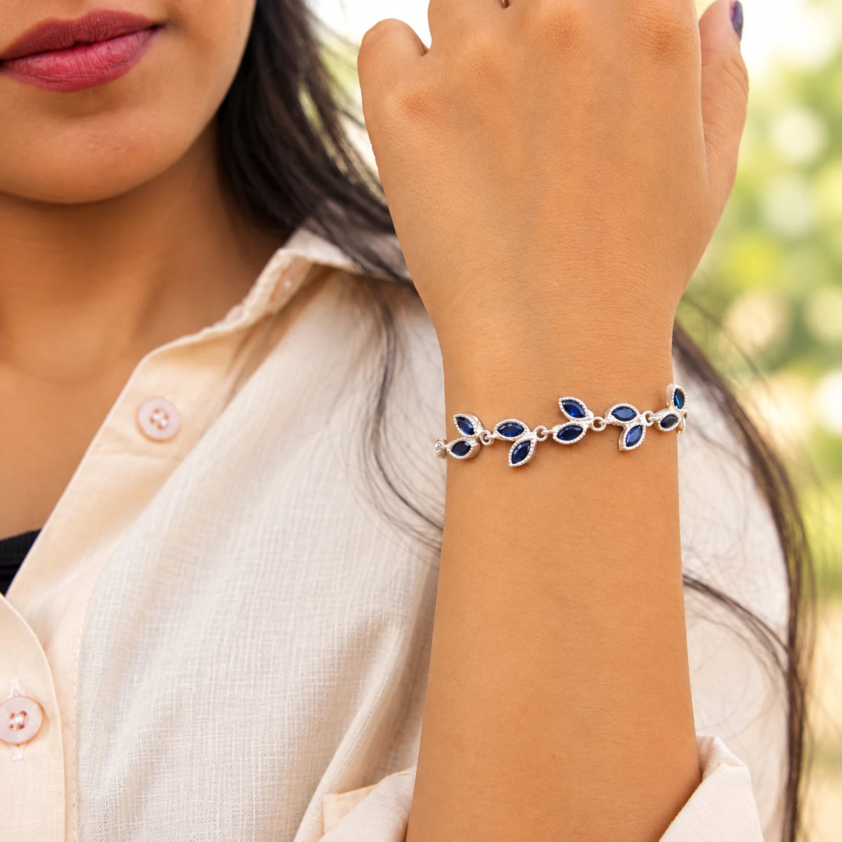 Silver Leaf Design Stone Bracelet for Women
