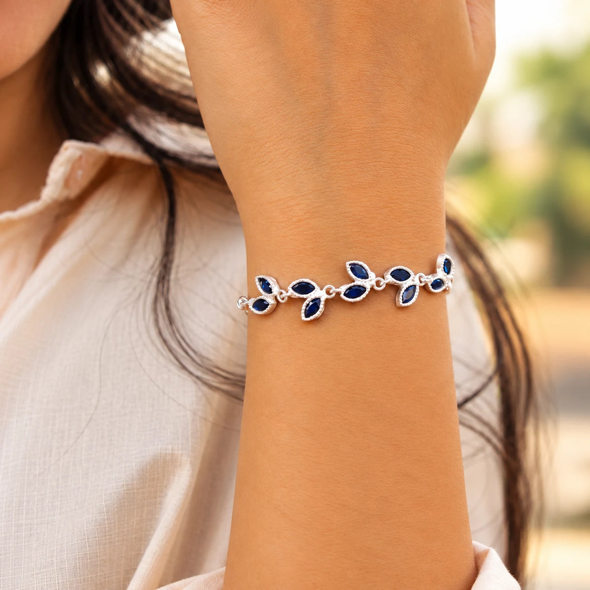 Silver Leaf Design Stone Bracelet for Women