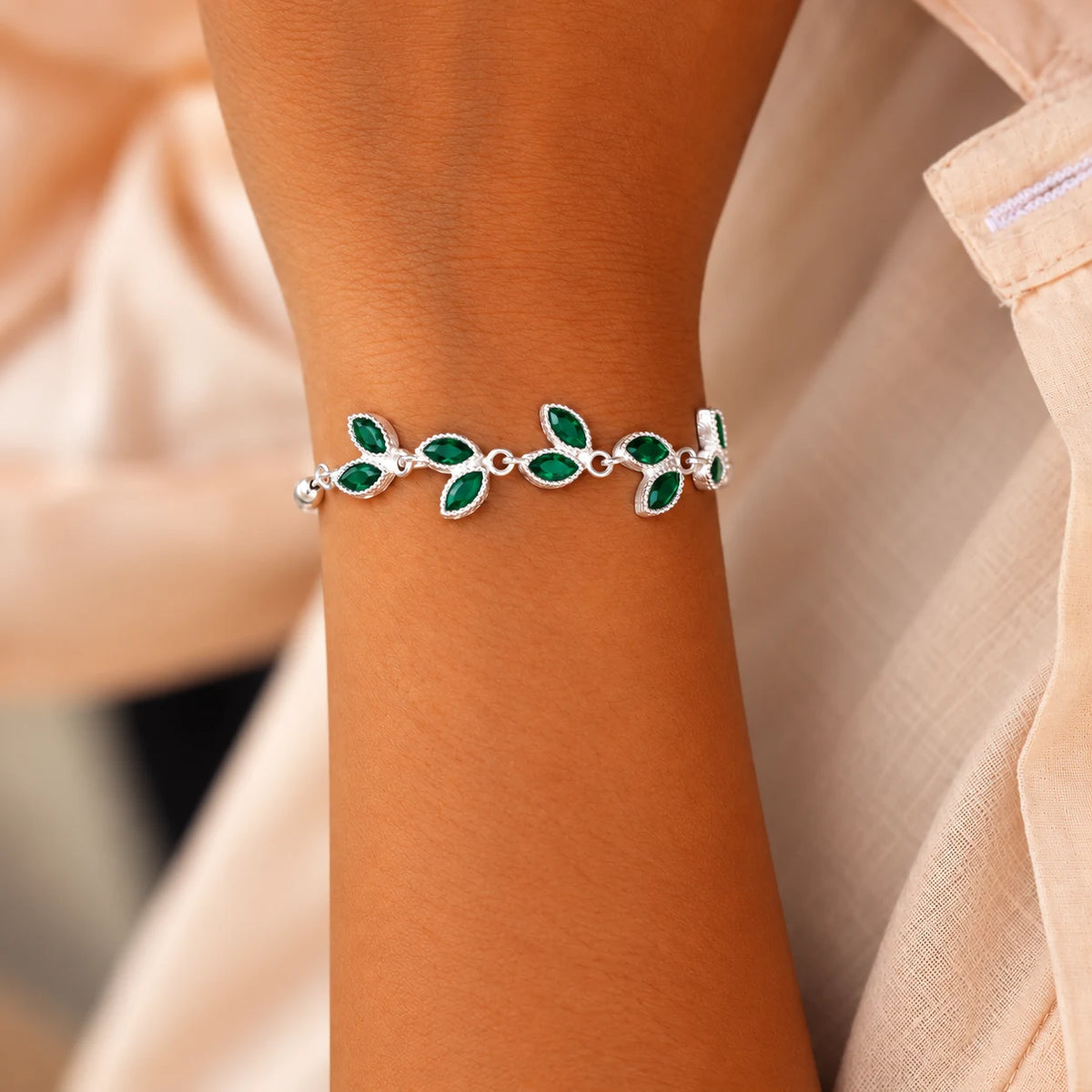 Silver Leaf Design Stone Bracelet for Women