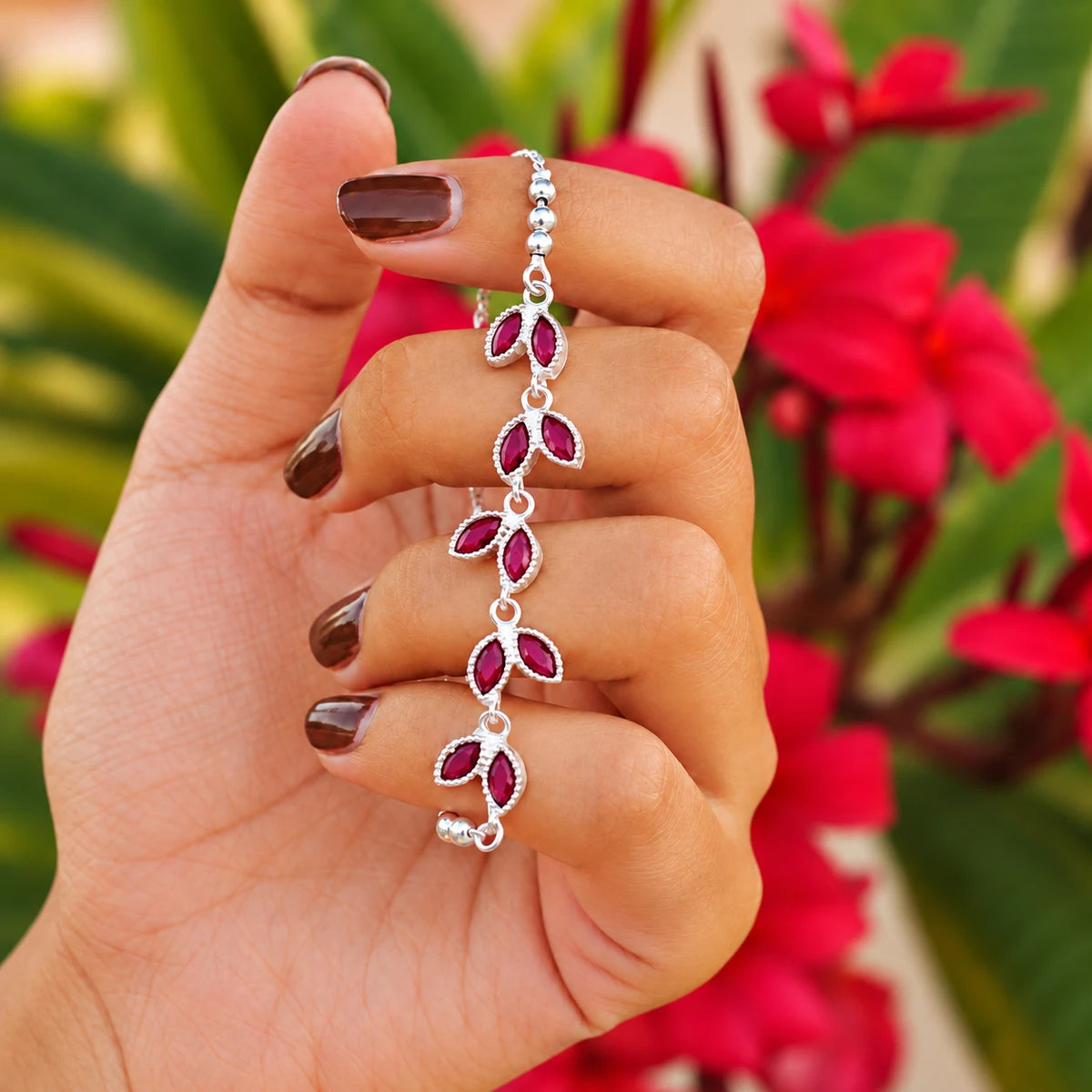Silver Leaf Design Stone Bracelet for Women