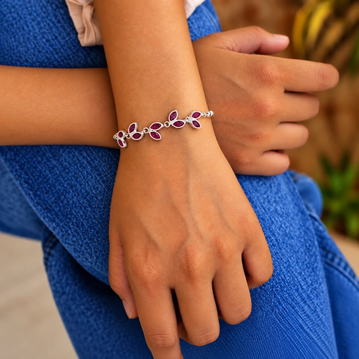 Silver Leaf Design Stone Bracelet for Women