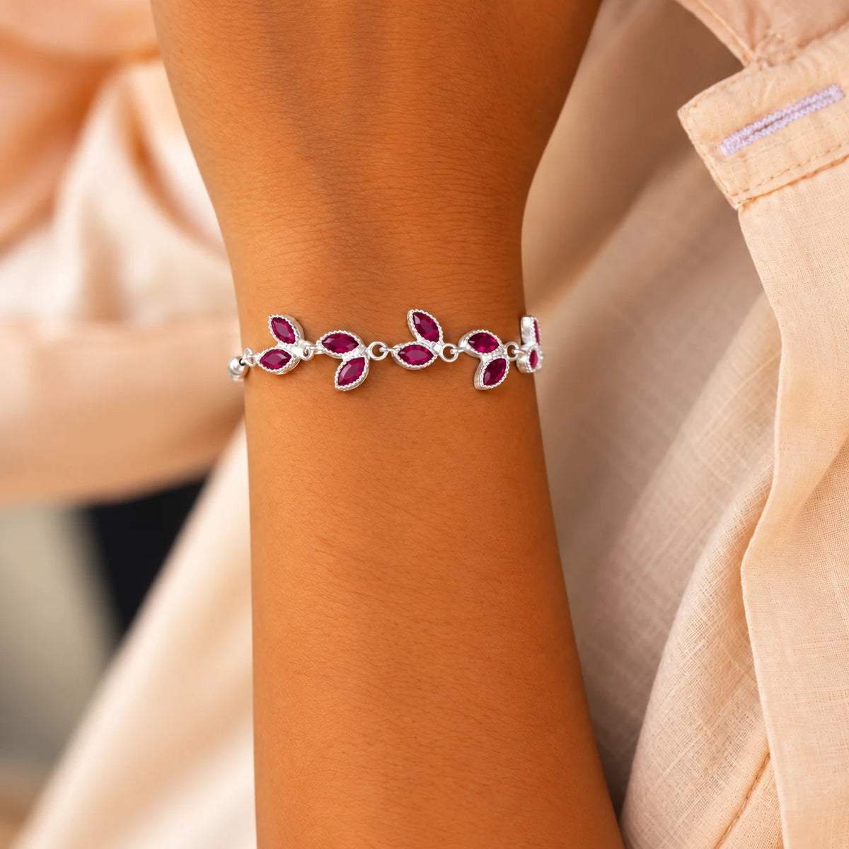 Silver Leaf Design Stone Bracelet for Women