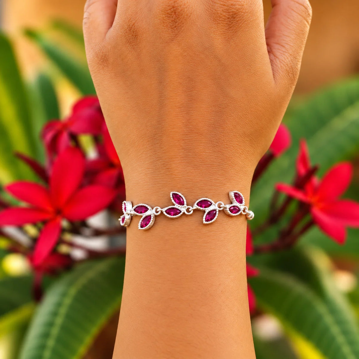 Silver Leaf Design Stone Bracelet for Women
