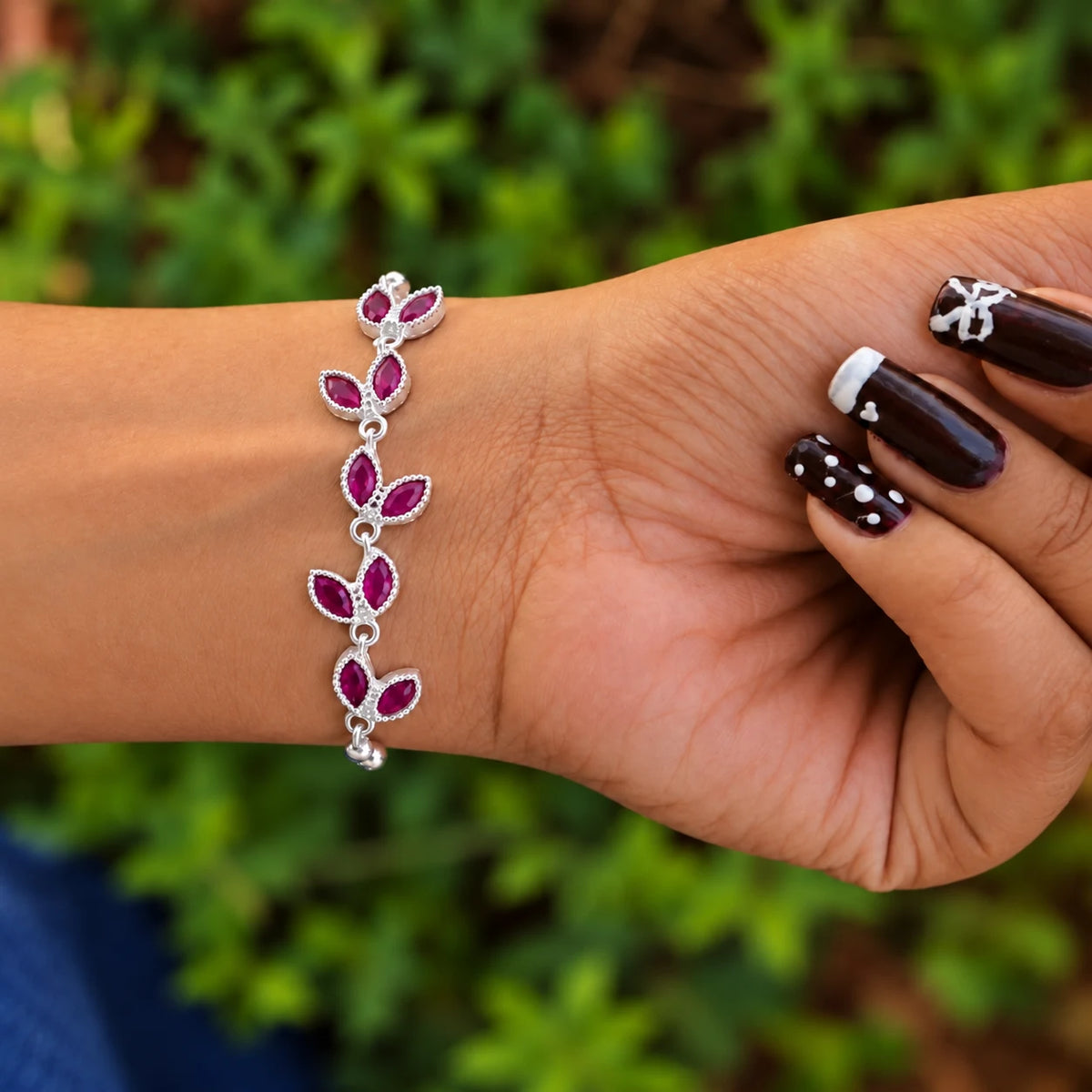 Silver Leaf Design Stone Bracelet for Women