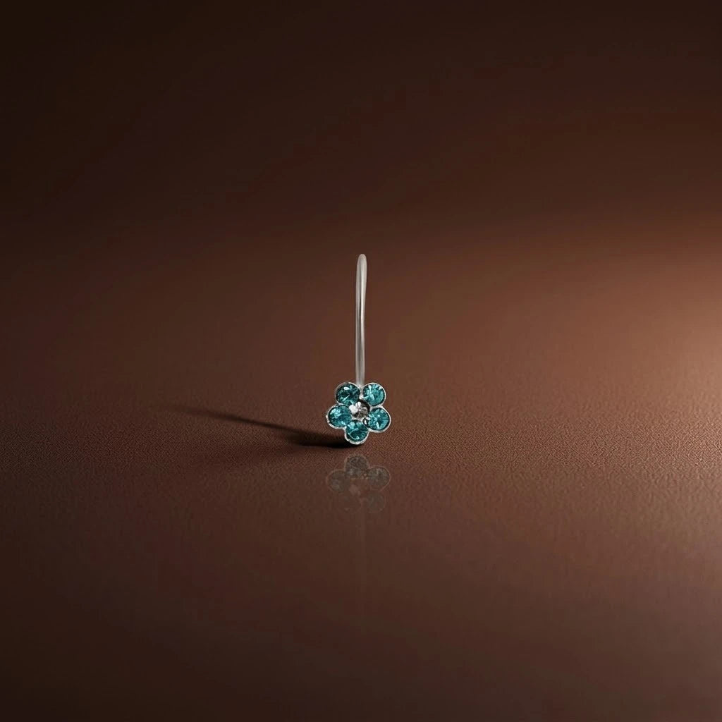 Silver Light Blue Gem Stone Flower Design Nosepin for Girls
