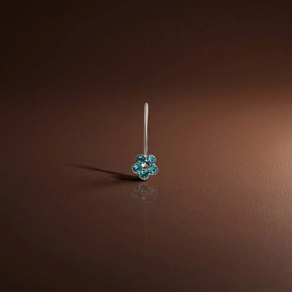 Silver Light Blue Gem Stone Flower Design Nosepin for Girls