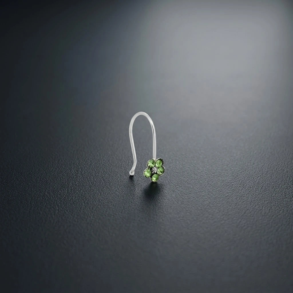 Silver Light Green Gem Stone Flower Design Nosepin for Girls