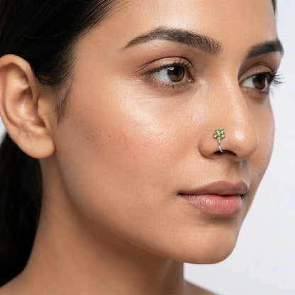 Silver Light Green Gem Stone Flower Design Nosepin for Girls