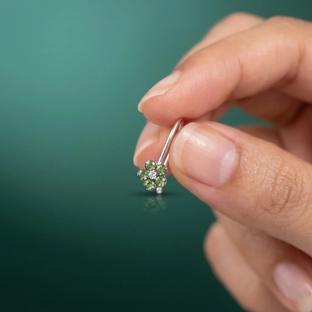 Silver Light Green Gem Stone Flower Design Nosepin for Girls