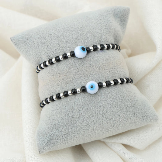 Silver Moti White Evil Eye Charm Bracelet for women
