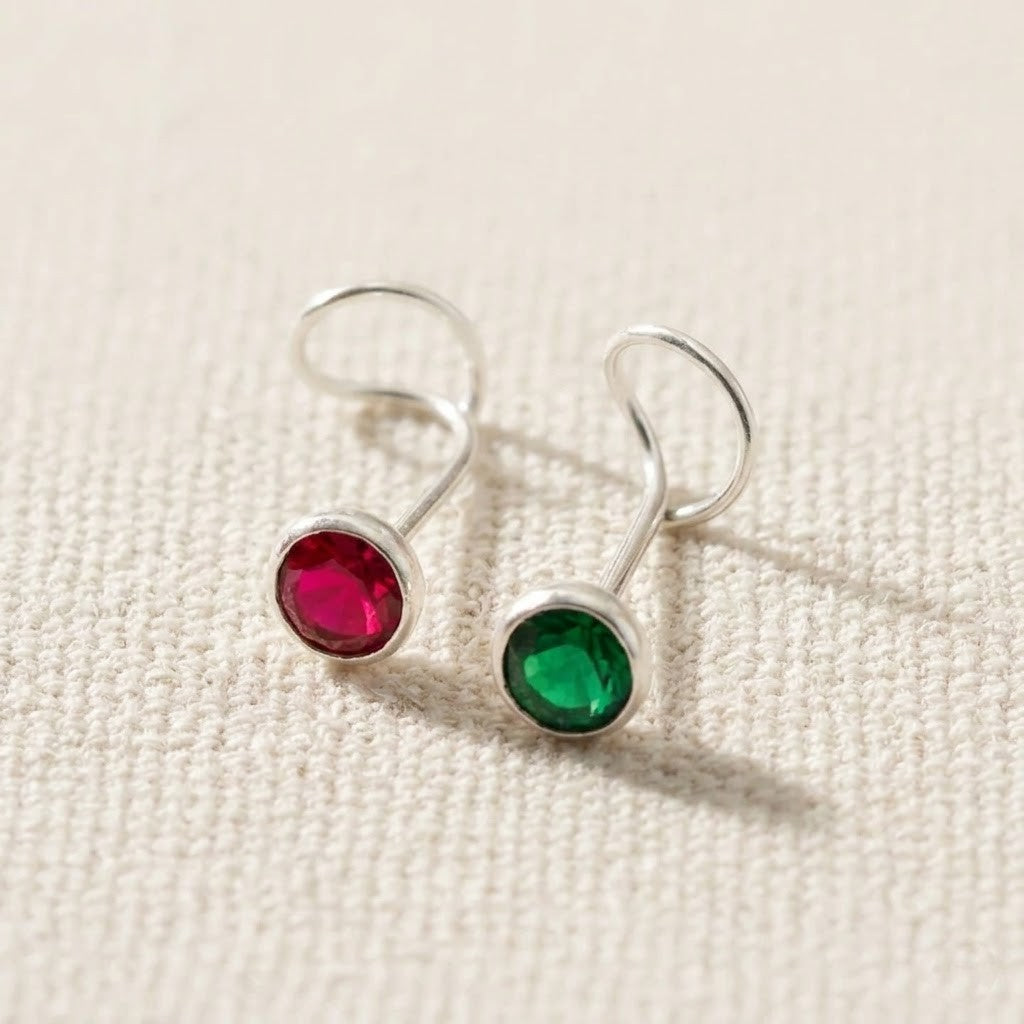 Silver Nose Pin with Round Multicolour Stones