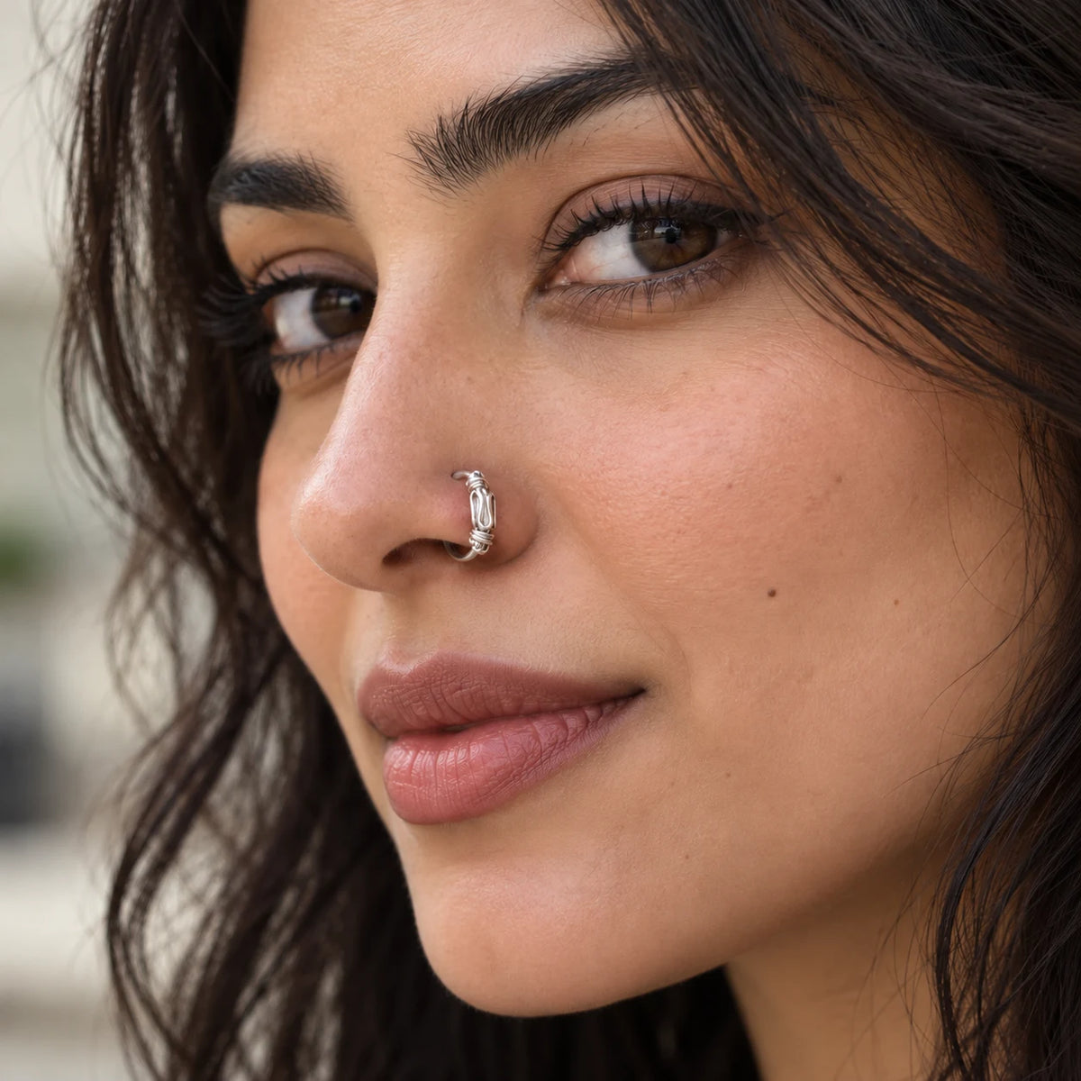 Silver Nose Ring Minimalist Hoop with Decorative Knot Design