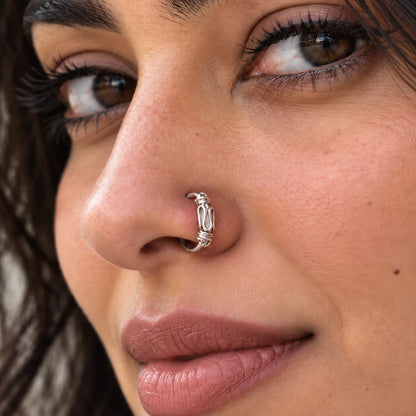 Silver Nose Ring Minimalist Hoop with Decorative Knot Design