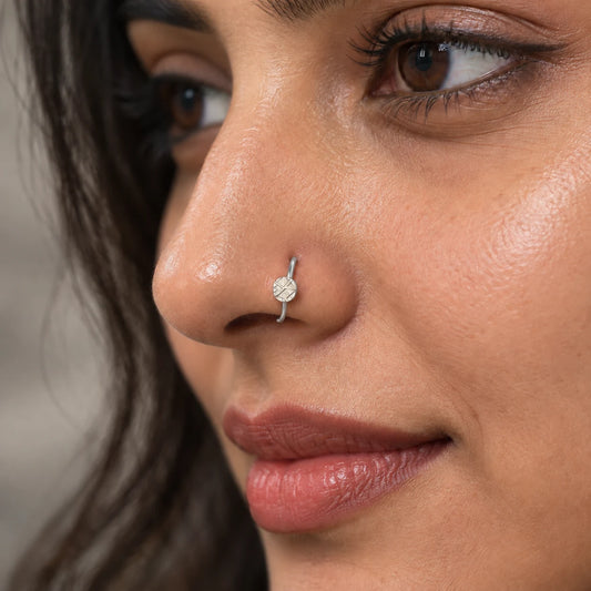 Silver Nose Ring with Engraved Round Motif & Double Ball Accents Description