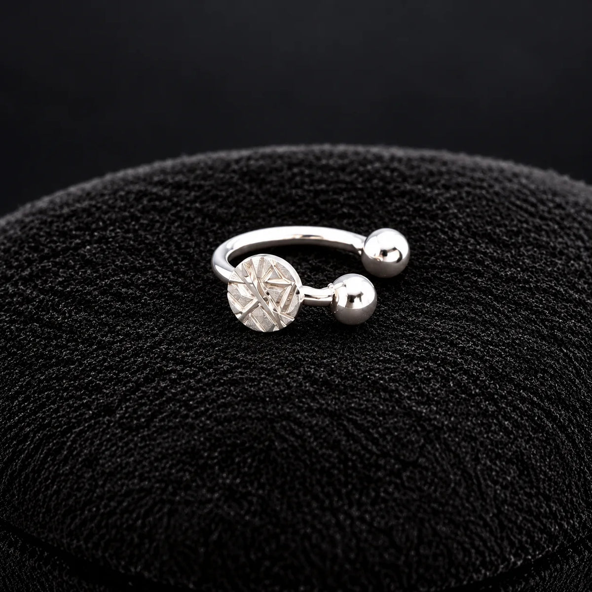 Silver Nose Ring with Engraved Round Motif & Double Ball Accents Description