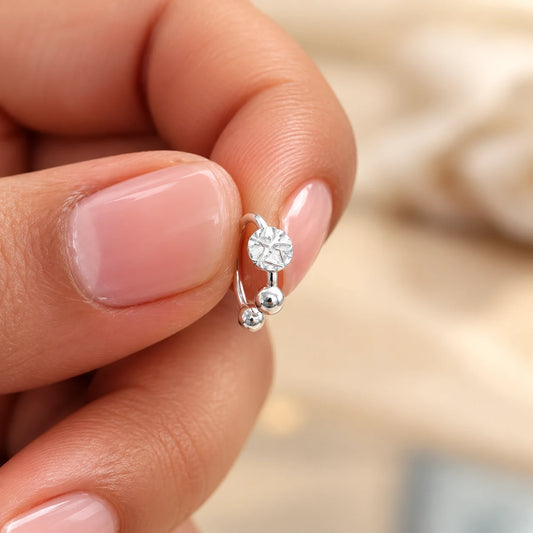 Silver Nose Ring with Engraved Round Motif & Double Ball Accents Description