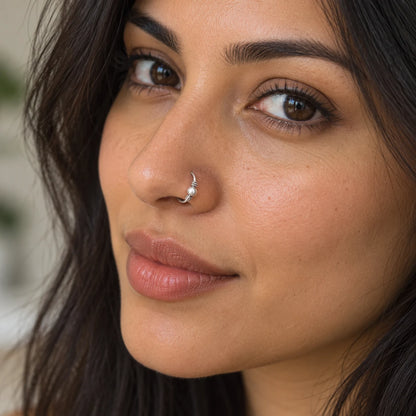 Silver Nose Ring with Pearl Ball & Twisted Bead Detailing