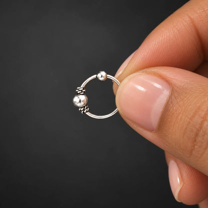 Silver Nose Ring with Pearl Ball & Twisted Bead Detailing