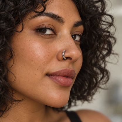Silver Nose Ring with Ribbed Coil Design & Minimalist Hoop